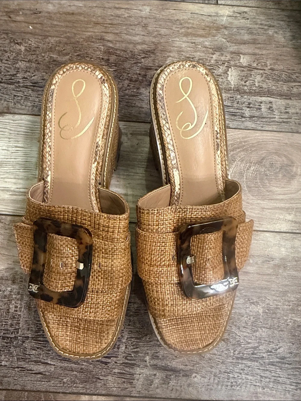 Sam & Libby Woven Tan Slide Sandals with Tortoiseshell Buckle